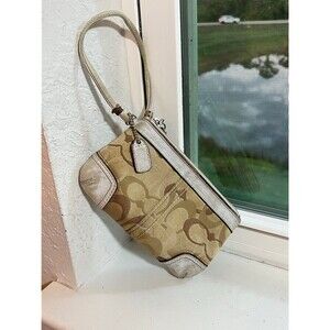 Vintage Coach Y2K Tan and Cream Canvas and Leather Wristlet Wallet